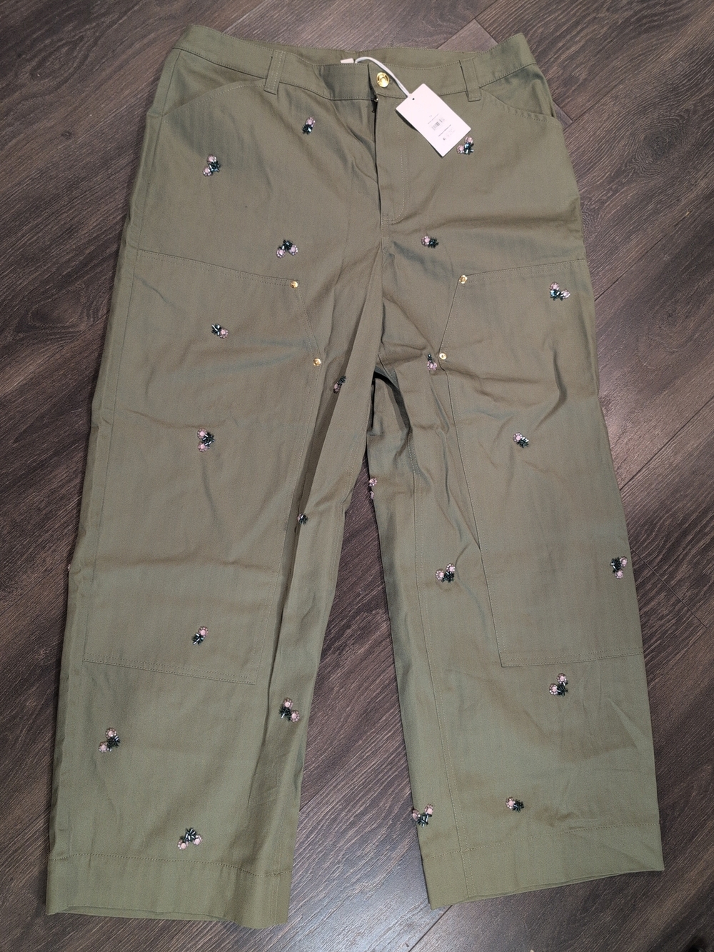 Women's Green Embellished Floral Cotton Utility Pants 30" Inseam Size 14 NWT